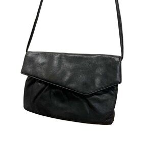 Black Leather Crossover Handbag Long Shoulder Bag Large Envelope Genuine Retro